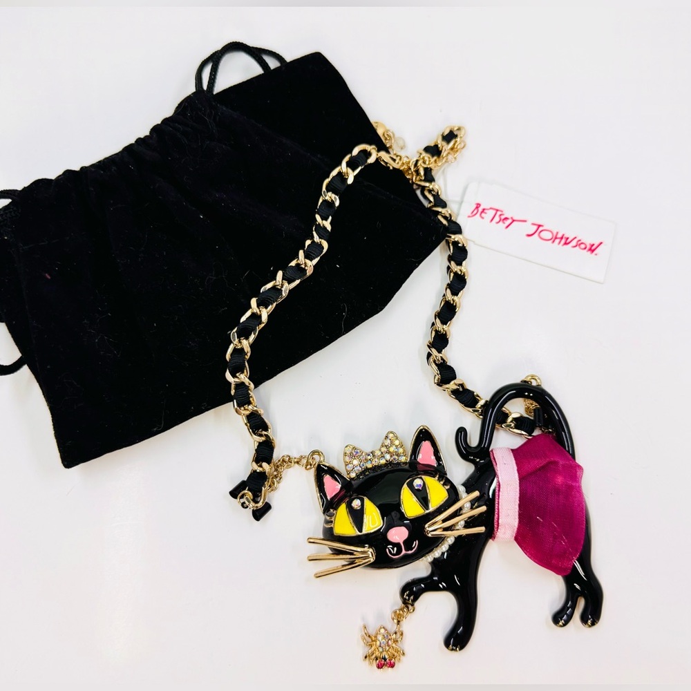 Betsey Johnson Vintage Black Enamel Cat W/Dangling Spider Necklace & Dustbag NWT